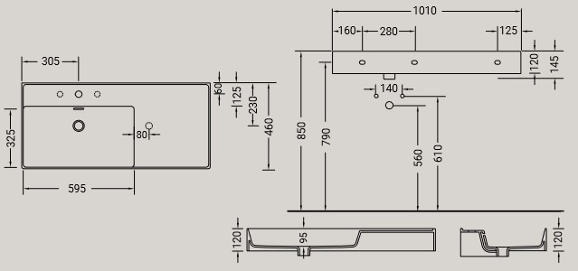 Dimensions of the Kiub Hidra Ceramic Sink with Side Shelf