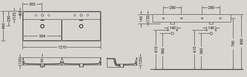 Dimensions of the Kiub Hidra Ceramic Double Sink