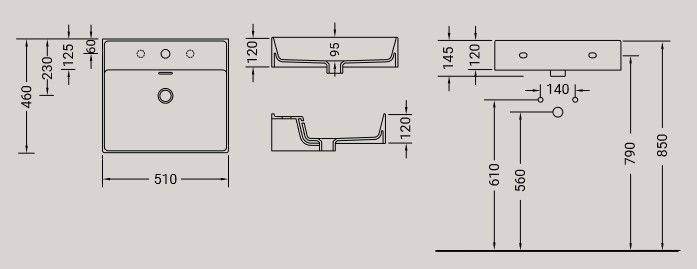 Dimensions of the Kiub Hidra Ceramic Sink