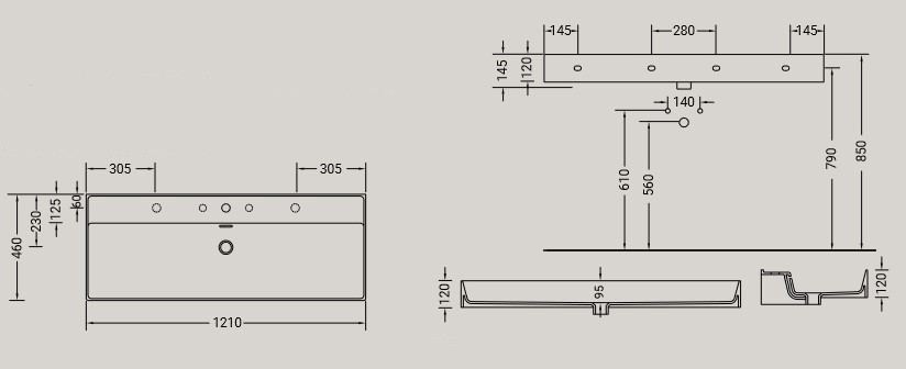 Dimensions of the Kiub Hidra Ceramic Sink