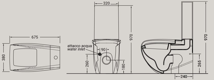 Dimensions of the Hi-Line Monoblock WC by Hidra Ceramica