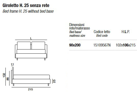 Dimensions of the Frick Twils Single Bed - H. 25