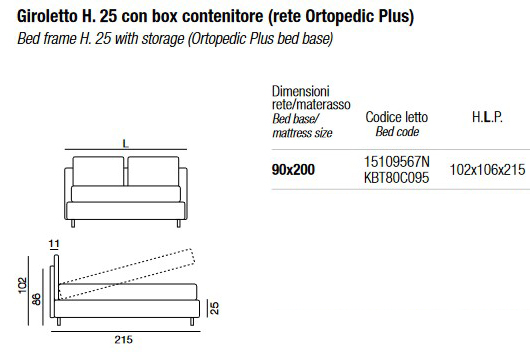 Dimensions of the Frick Twils Single Bed - H. 25 with storage box