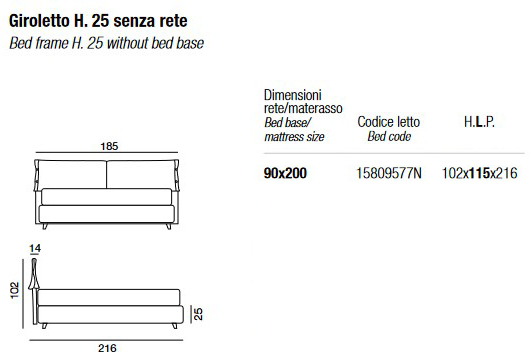 Dimensions of the Giselle Twils Single Bed - H. 25