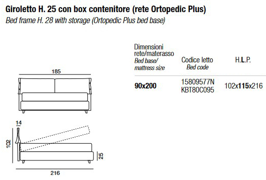 Dimensions of the Giselle Twils Single Bed - H. 25 with storage box