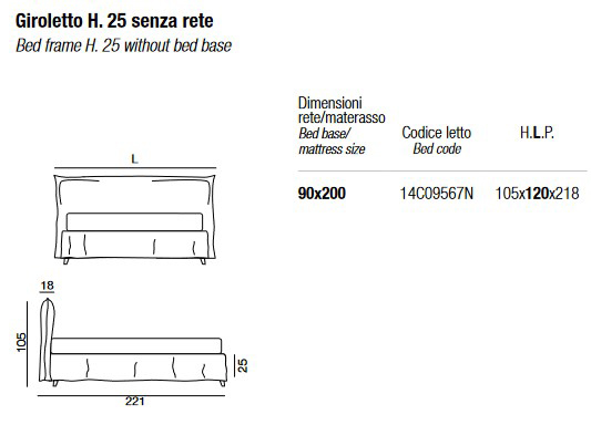 Dimensiones de la cama Edo Twils individual - H. 25